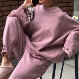 Solid Distressed Knit Crew Neck Sweater Two Piece Set