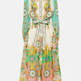 Unique Exquisite Fashion Print Puff Sleeve Tie Midi Dress
