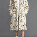 Leopard Print Faux Fur Notch Collar Overcoat