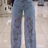 High Waist Lace Cutout Long Wide Leg Jeans