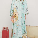 Modern Satin Art Island Print Slit Maxi Dress