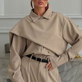 Vintage Chic Lapel Scarf Top & Wide Leg Pants Two Piece Set