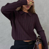 Jacquard Polo Collar Long Sleeve Loose Blouse