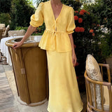 Solid Casual V-Neck Ruffle Short Sleeve Skirt Set