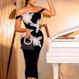 3D Floral Off-Shoulder Bandage Bodycon Party Dress
