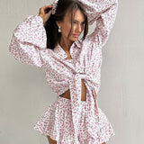 Long Sleeve Floral Collar Flip Shirt Ruffled Shorts Two Piece Set
