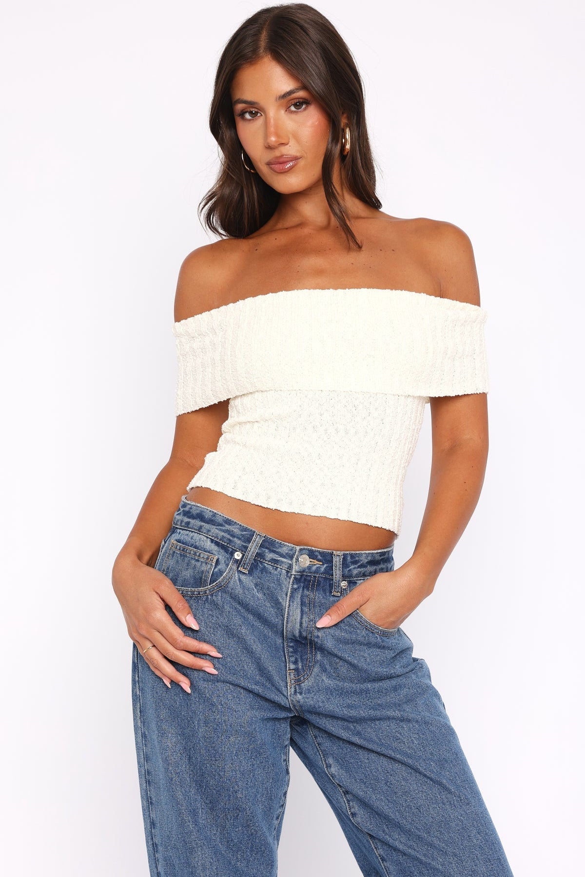 What I Want To Hear Off Shoulder Knit Top Cream