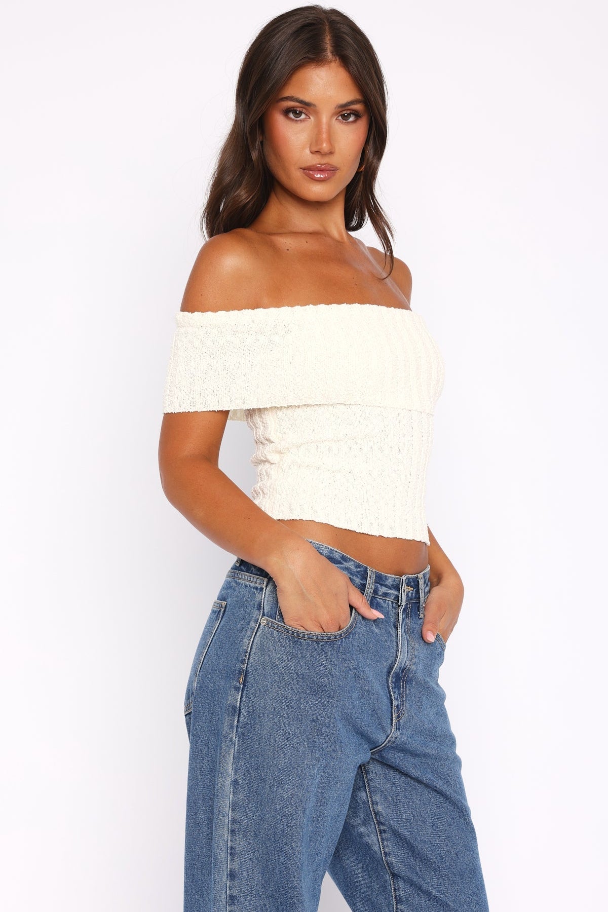 What I Want To Hear Off Shoulder Knit Top Cream