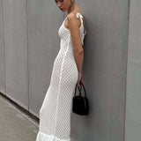 Boho Ruffle Knit Sexy Cutout Sheer Cami Maxi Dress
