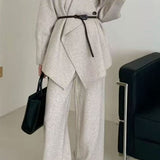 Loose Knit Big Collar Coat Wide-Leg Pants Two Piece Set