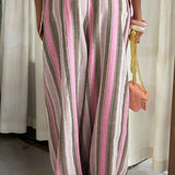 Colorful Colorblock Striped Elastic Wide-Leg Pants