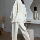 Solid Distressed Knit Crew Neck Sweater Two Piece Set