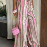 Colorful Colorblock Striped Elastic Wide-Leg Pants