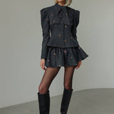 Embroidered Waist-Cinched Blazer & Mini Skirt Two Piece Set