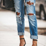 Women's mid rise sexy straight leg ripped jeans cuffed jeans with holes