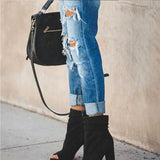 Women's mid rise sexy straight leg ripped jeans cuffed jeans with holes