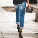 Women's mid rise sexy straight leg ripped jeans cuffed jeans with holes