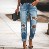 Women's mid rise sexy straight leg ripped jeans cuffed jeans with holes