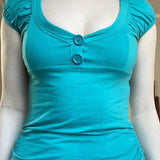 Buttoned Puff Sleeve U Neck Slim Blouse