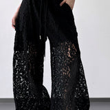 White Lace Cutout Casual Wide Leg Pants