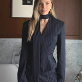 V Neck Striped Fitted Blazer Skirt Two Piece Set