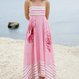 Floral Print Paneled Striped Suspender Mixi Dress