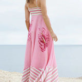 Floral Print Paneled Striped Suspender Mixi Dress