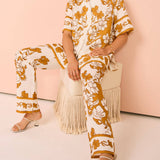 Floral Print Casual Short Sleeve Pants Set