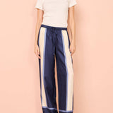Striped Patchwork Unique Printed Elastic Waist Pocket Wide Leg Pants
