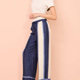 Striped Patchwork Unique Printed Elastic Waist Pocket Wide Leg Pants