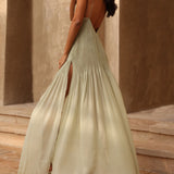 Ethereal Elegance Pleated Patchwork Slit Maxi Dress
