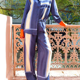 Striped Patchwork Unique Printed Elastic Waist Pocket Wide Leg Pants