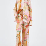 Unique Printed Casual Shirt Top and Elastic Waist Loose Pants Set