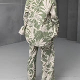 Palm Leaf Printed Elastic Waist Wide Leg Pant Set