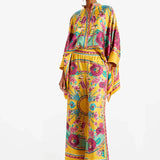 Fine Satin Floral Print Batwing Sleeve Pants Set - Ginger yellow