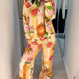 Unique Printed Casual Shirt Top and Elastic Waist Loose Pants Set