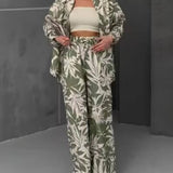 Palm Leaf Printed Elastic Waist Wide Leg Pant Set