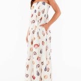 Unique Shell Conch Print Pleated Pockets Lightweight Maxi Dress