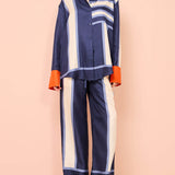 Striped Patchwork Unique Printed Elastic Waist Pocket Wide Leg Pants
