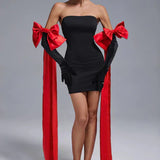 Black Tube Mini Dress With Large Red Bow Detachable Sleeves