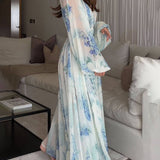 Ocean Flower Chiffon Floral Drawstring Waist Maxi Dress