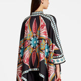 Fine Satin Floral Print Batwing Sleeve Pants Set - Black-red flowers
