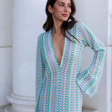 Boho V Neck Bell Sleeve Wavy Striped Crochet Beach Vacation Maxi Dress - Blue