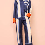 Striped Patchwork Unique Printed Elastic Waist Pocket Wide Leg Pants