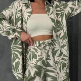 Palm Leaf Printed Elastic Waist Wide Leg Pant Set