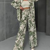 Palm Leaf Printed Elastic Waist Wide Leg Pant Set