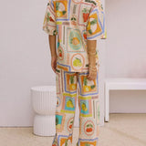Casual Fashion Unique Print Loose Short- Shirt Straight Pants Set