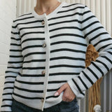 Casual Round Neck Striped Knit Cardigan Sweater Set