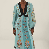 Blue Flowing Beauty Long Sleeve Midi Dress