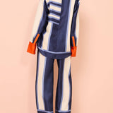 Striped Patchwork Unique Printed Elastic Waist Pocket Wide Leg Pants